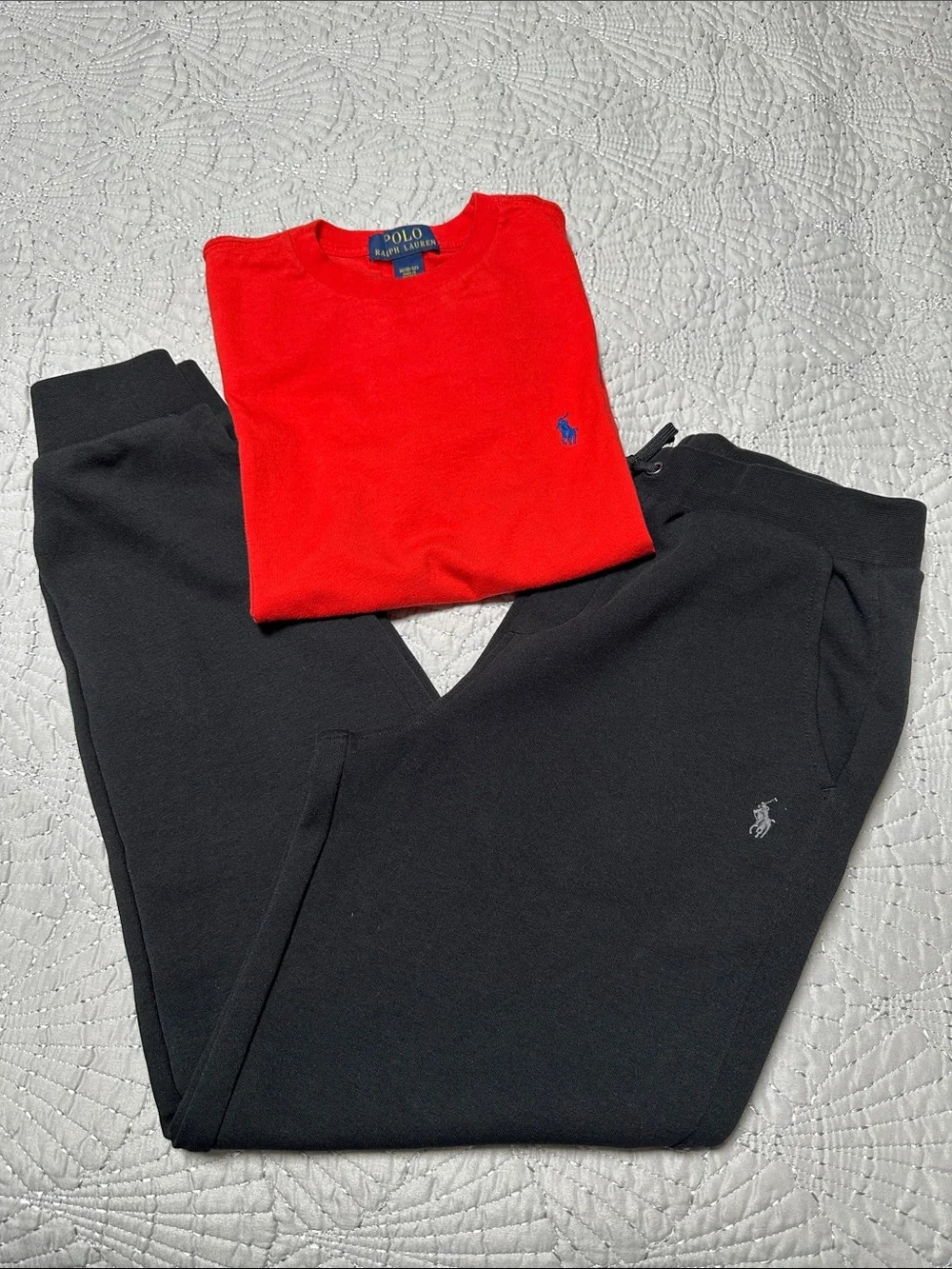 Ralph Lauren Polo Boys 2-Piece Red Tee with Black Polo Joggers, EUC, Size Medium